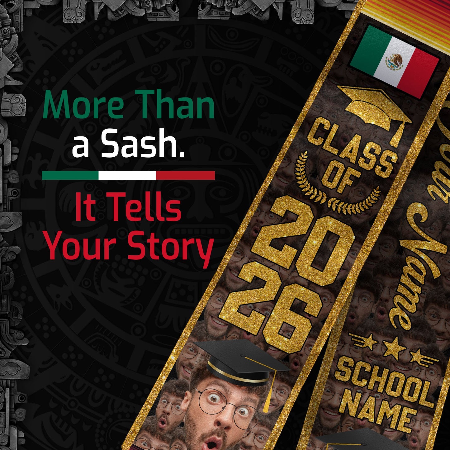 Aztec Mexico Graduation Stole 2026, Custom Photo Mexican Sash for Graduate Achievement