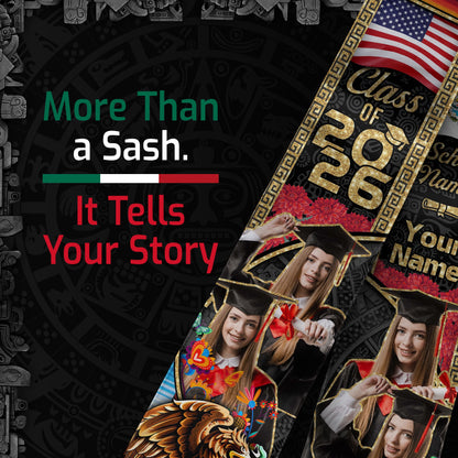 Custom Photo Mexican Stoles for Graduation 2026 Aztec Eagle & Virgin Mary USA Flag Sash