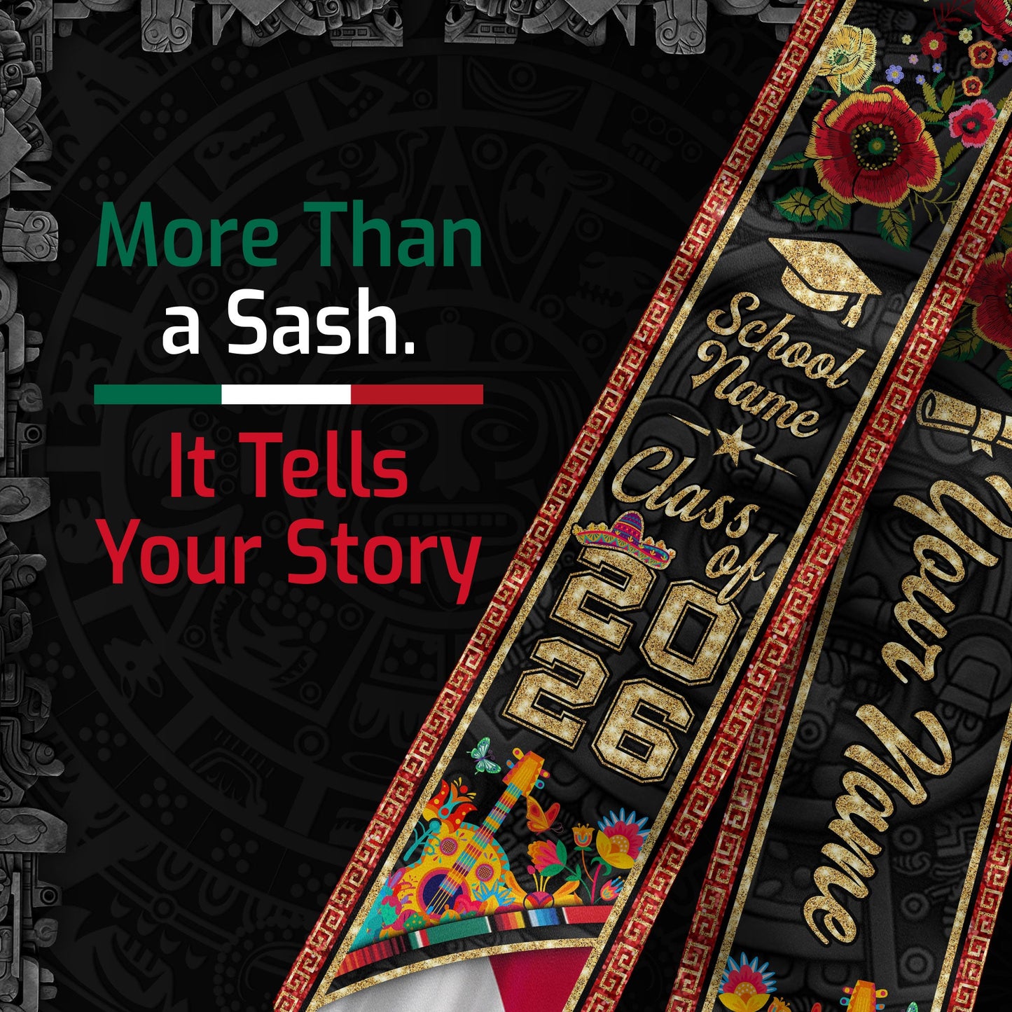 Personalized 2026 Graduation Stole – Mexican & American Heritage Senior Sash with Red Floral Gold Detail