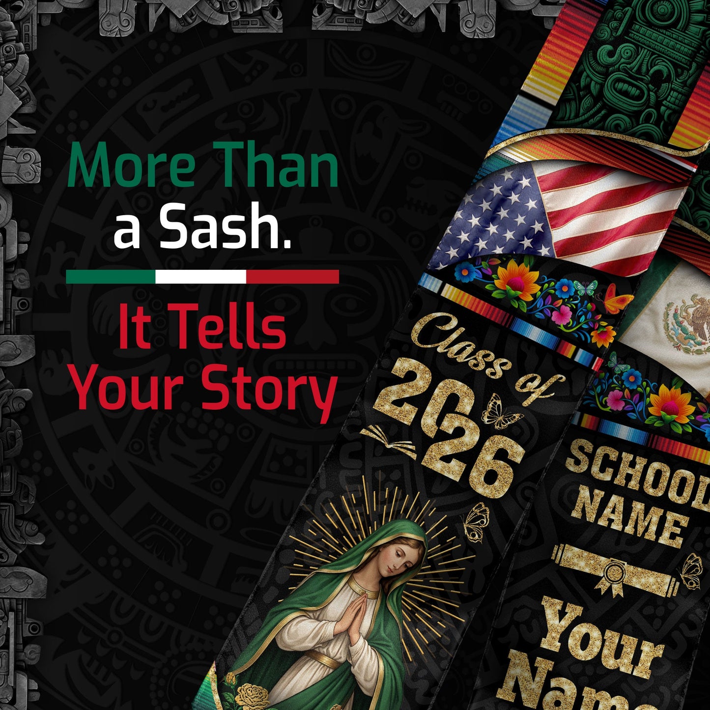 Custom Virgen de Guadalupe Class of 2026 Graduation Stole – USA & Mexico Flag Personalized Senior Sash