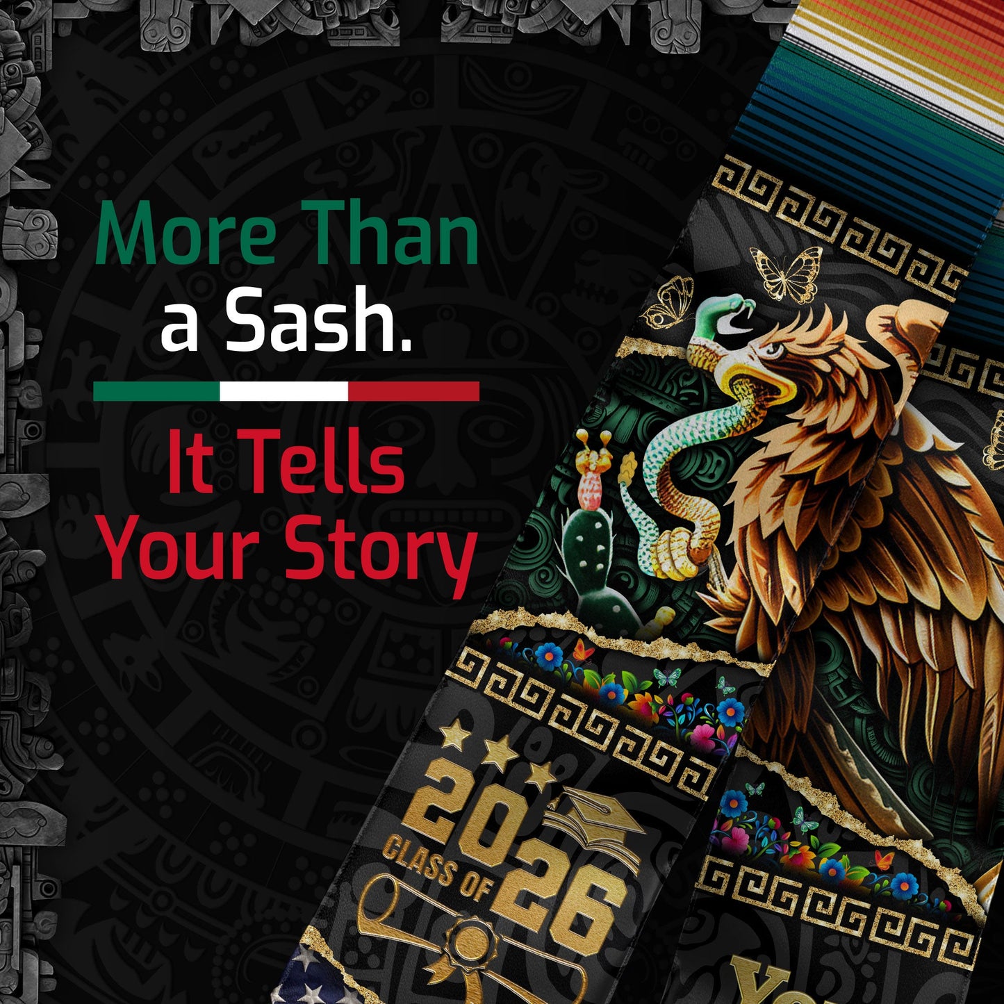 Custom Aztec Eagle Class of 2026 Graduation Stole – USA & Mexico Flag Personalized Senior Sash