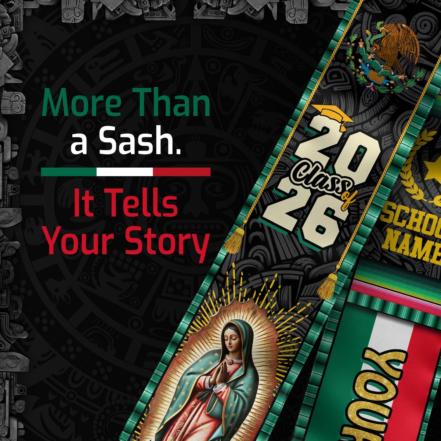 Custom Class of 2026 Virgen de Guadalupe Graduation Stole – Personalized USA Mexico Heritage Senior Sash