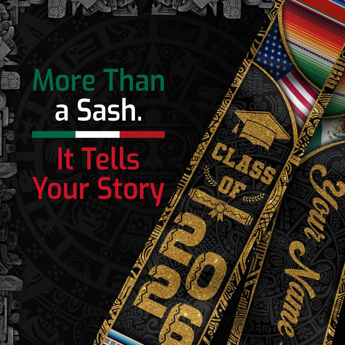 Custom Mexican Graduation Stole Class of 2026 Serape Stripe Aztec Pattern Name Sash