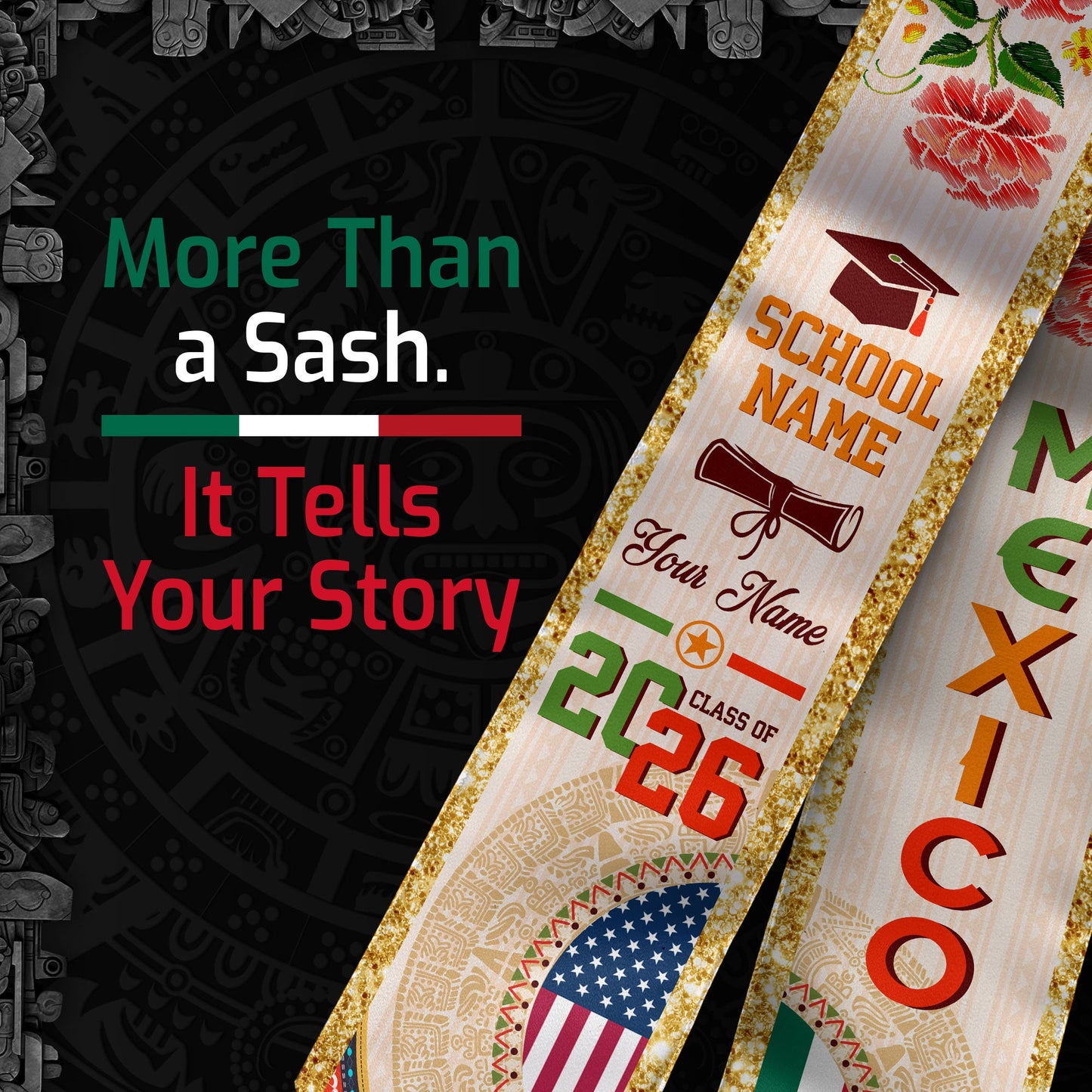Mexican Graduation Stole Custom Name Mexico USA Flag Aztec Rose Class 2026