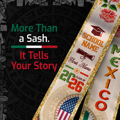 Mexican Graduation Stole Custom Name Mexico USA Flag Aztec Rose Class 2026