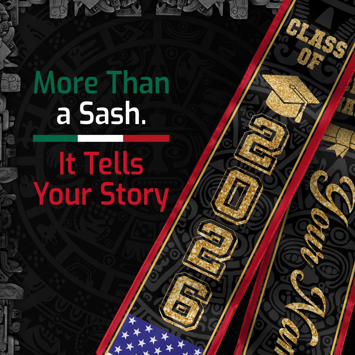Mexican Graduation Stole Custom Name Mexico Sash Aztec Gold Glitter USA Flag 2026