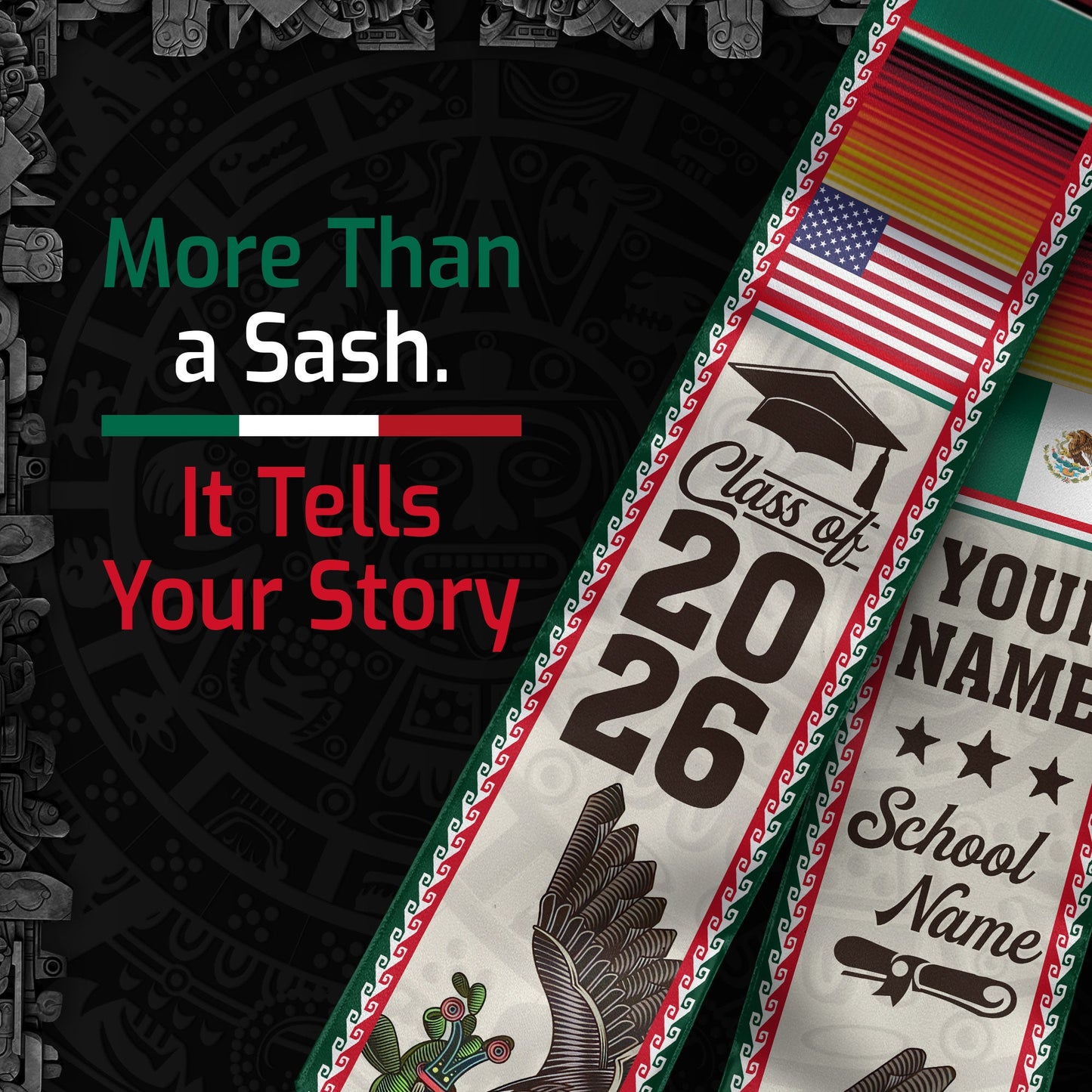 Custom Mexican Graduation Stole Mexico USA Flag Eagle Serape Class 2026