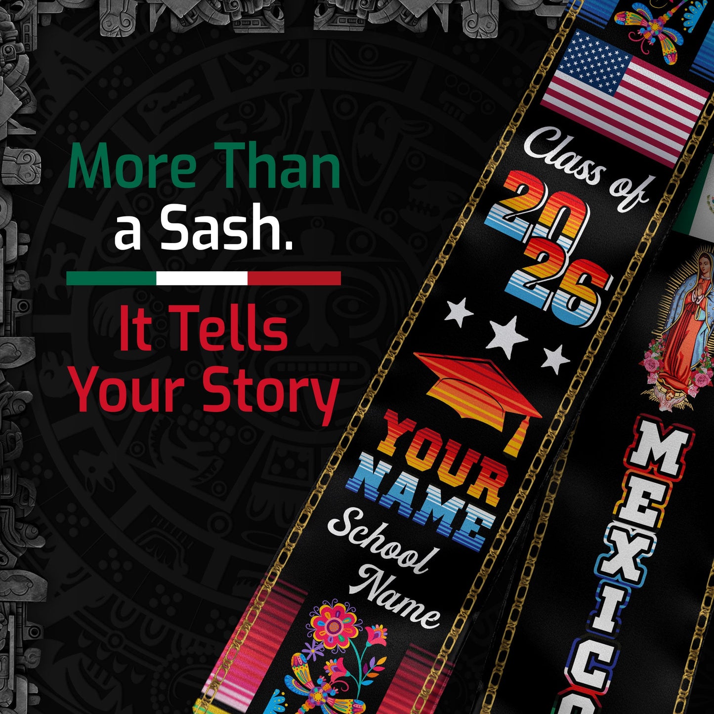 Custom Mexican Graduation Stole 2026 Aztec Floral Butterfly Virgin Mary USA Mexico Flag