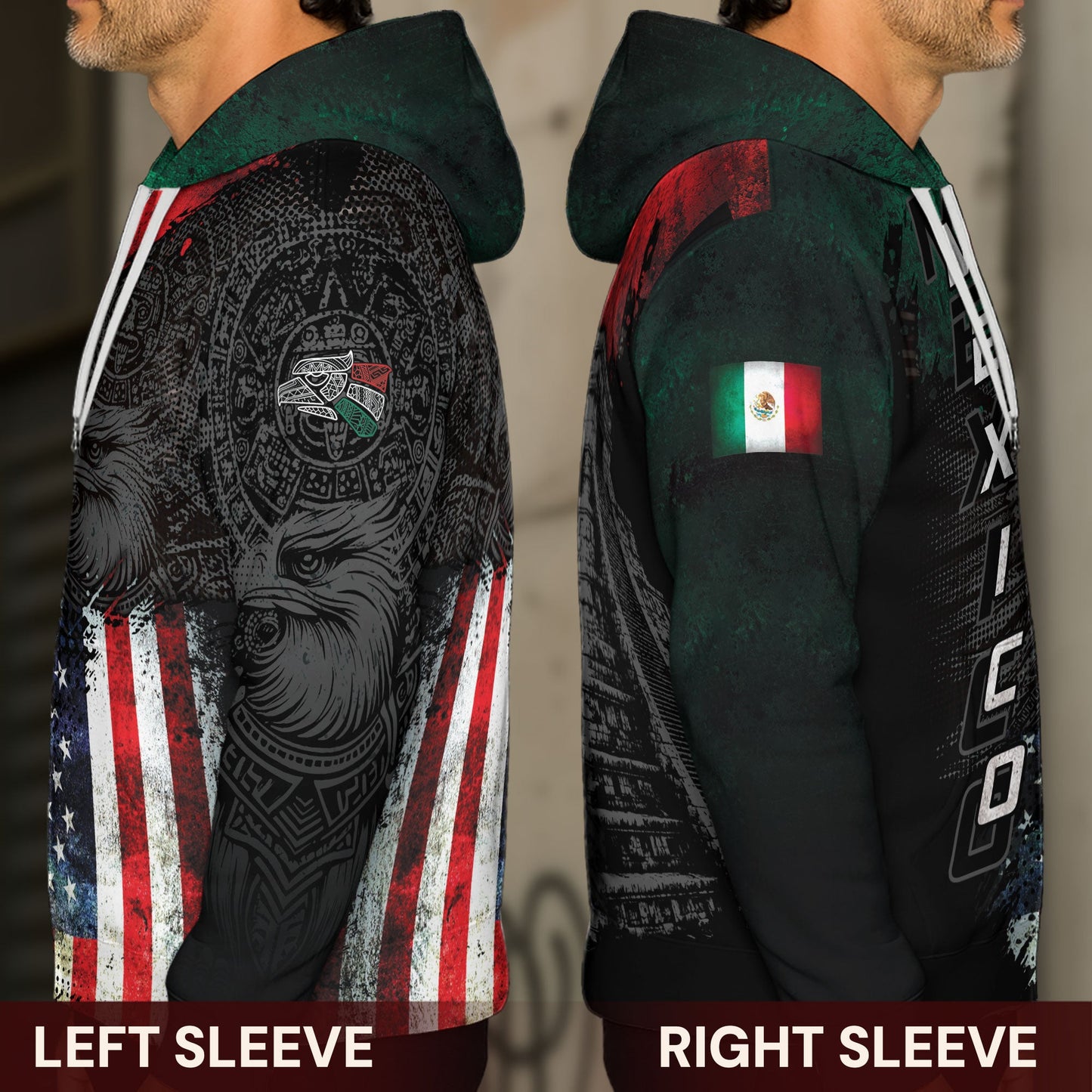 Mexico Aztec Heritage Hoodie 2-Pack Bundle – USA Flag Eagle Pride Unity + Sunstone Calendar Ancient Symbol Warrior