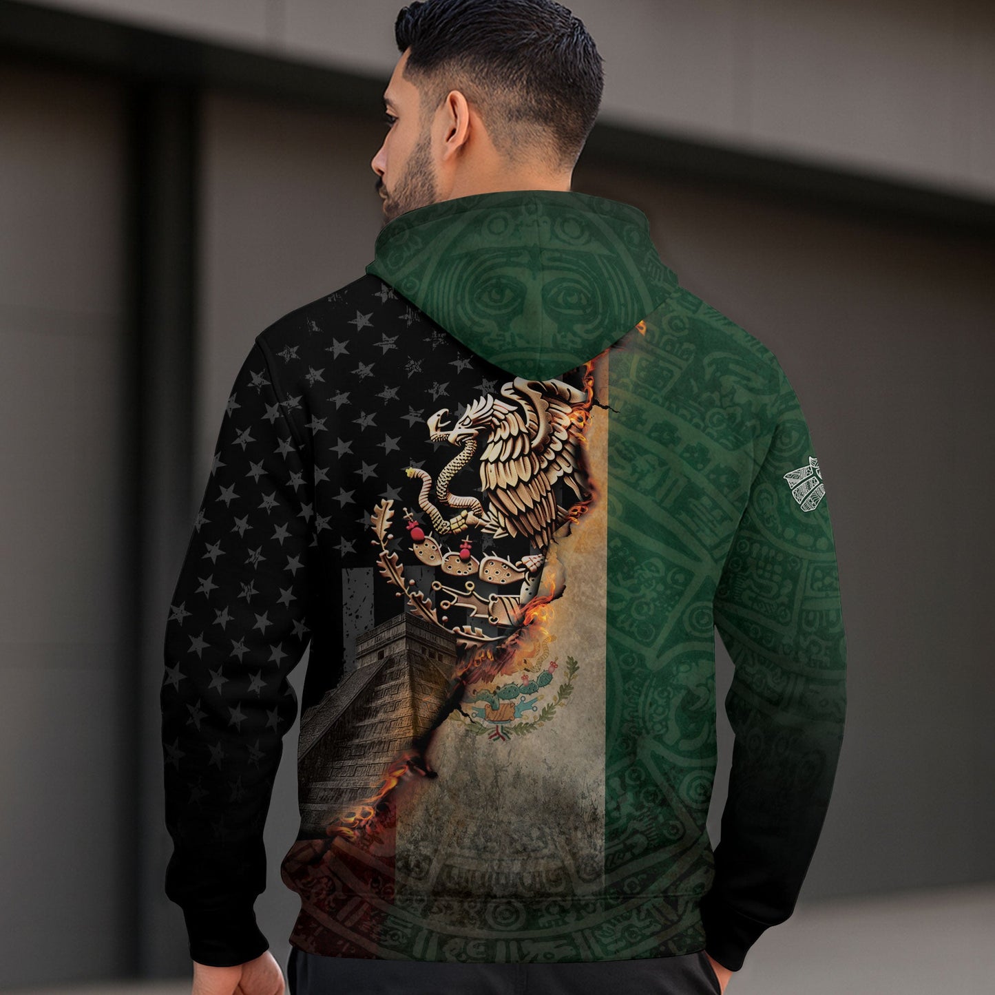 Mexico Flag Golden Eagle Fire Aztec Pyramid Heritage Power Warrior Hoodie