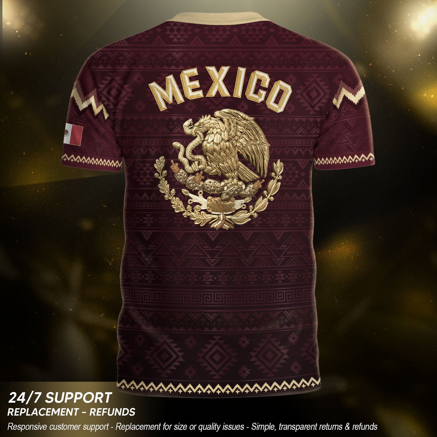 Mexico Heritage Soccer Jersey, Maroon Burgundy Gold Aztec Eagle Design Sports Jersey for Men