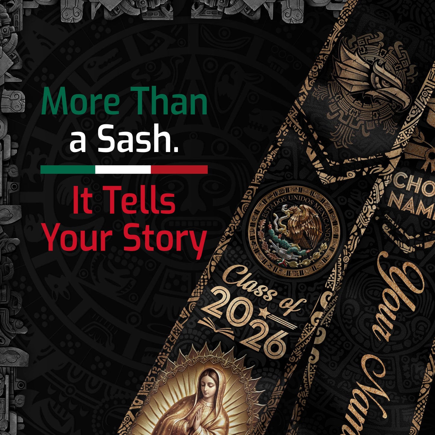 Mexican Graduation Stole 2026 Custom Mexico Sash Virgin Mary Cross Aztec Patterns