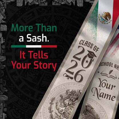 Mexican Graduation Stole Aztec Calendar Pyramid Eagle USA Mexico Flag Custom Sash
