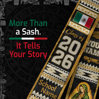Mexican Graduation Stole Aztec Pattern Virgin Mary Flag Gold Tribal Custom Sash