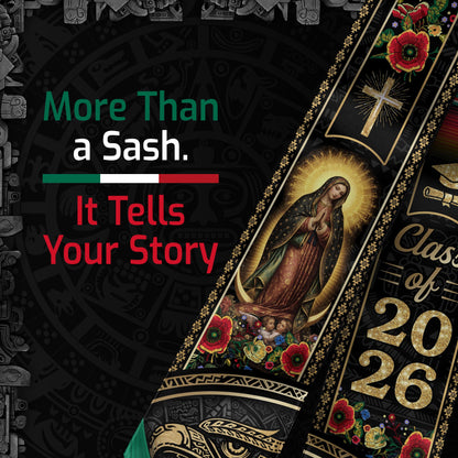 Mexican Graduation Stole Class of 2026 Aztec Eagle Cross Virgin Mary Floral Mexico Flag Sash