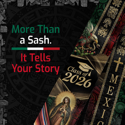 Mexican Graduation Stole Class of 2026 Aztec Eagle Virgin Mary Cross Mexico Flag Serape Sash