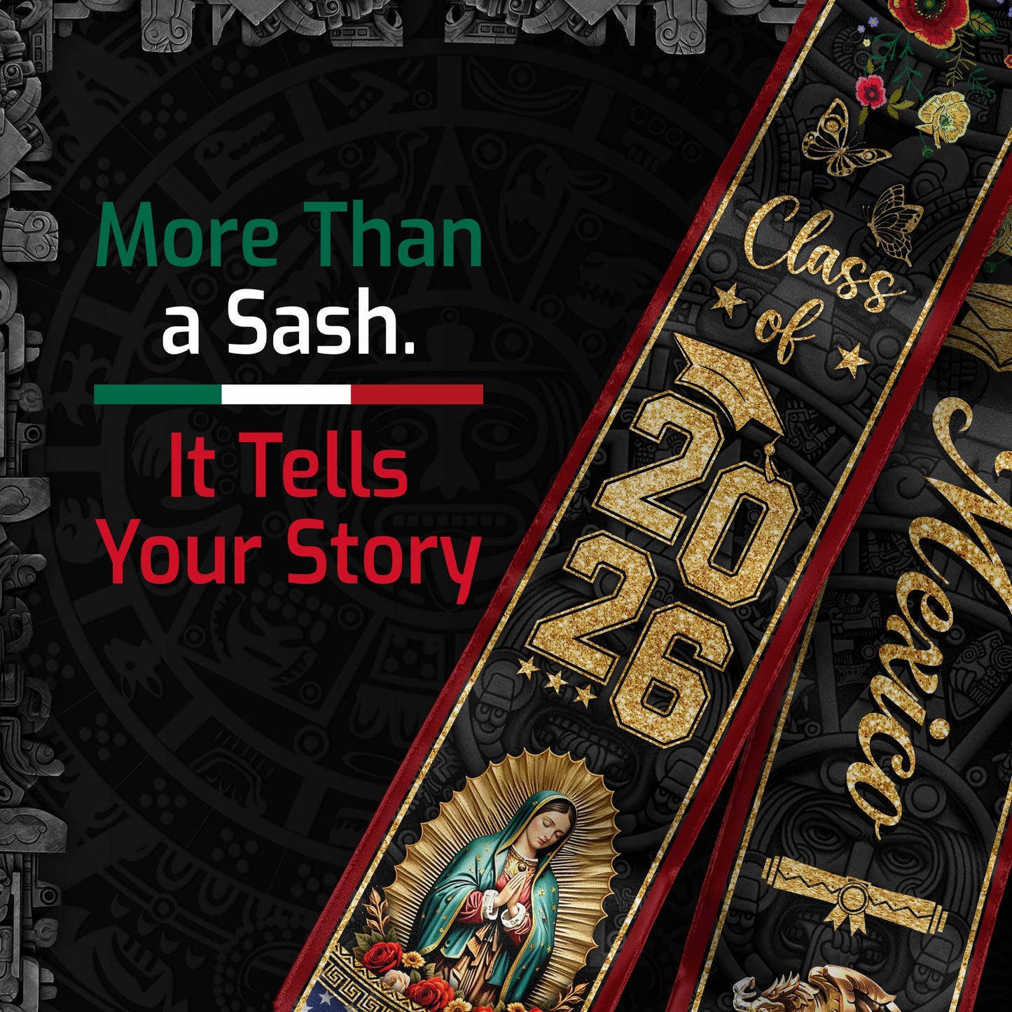 Graduation Stole Class of 2026 Mexico USA Guadalupe Dual Heritage Hispanic Sash
