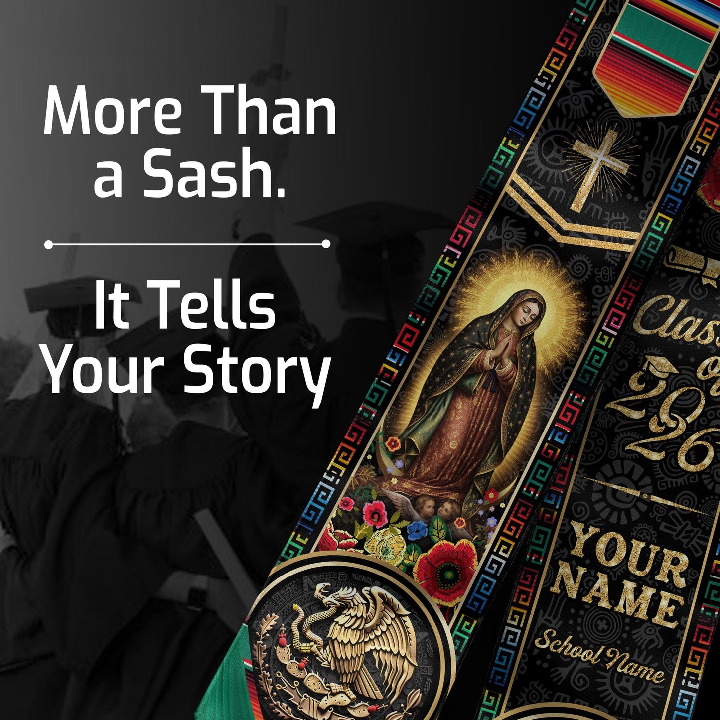 Custom Mexico USA Graduation Stole 2026 Virgin of Guadalupe Aztec Calendar Heritage Sash