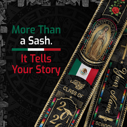 Custom Mexico Graduation Stole 2026 - Virgin of Guadalupe & Serape Aztec Sash