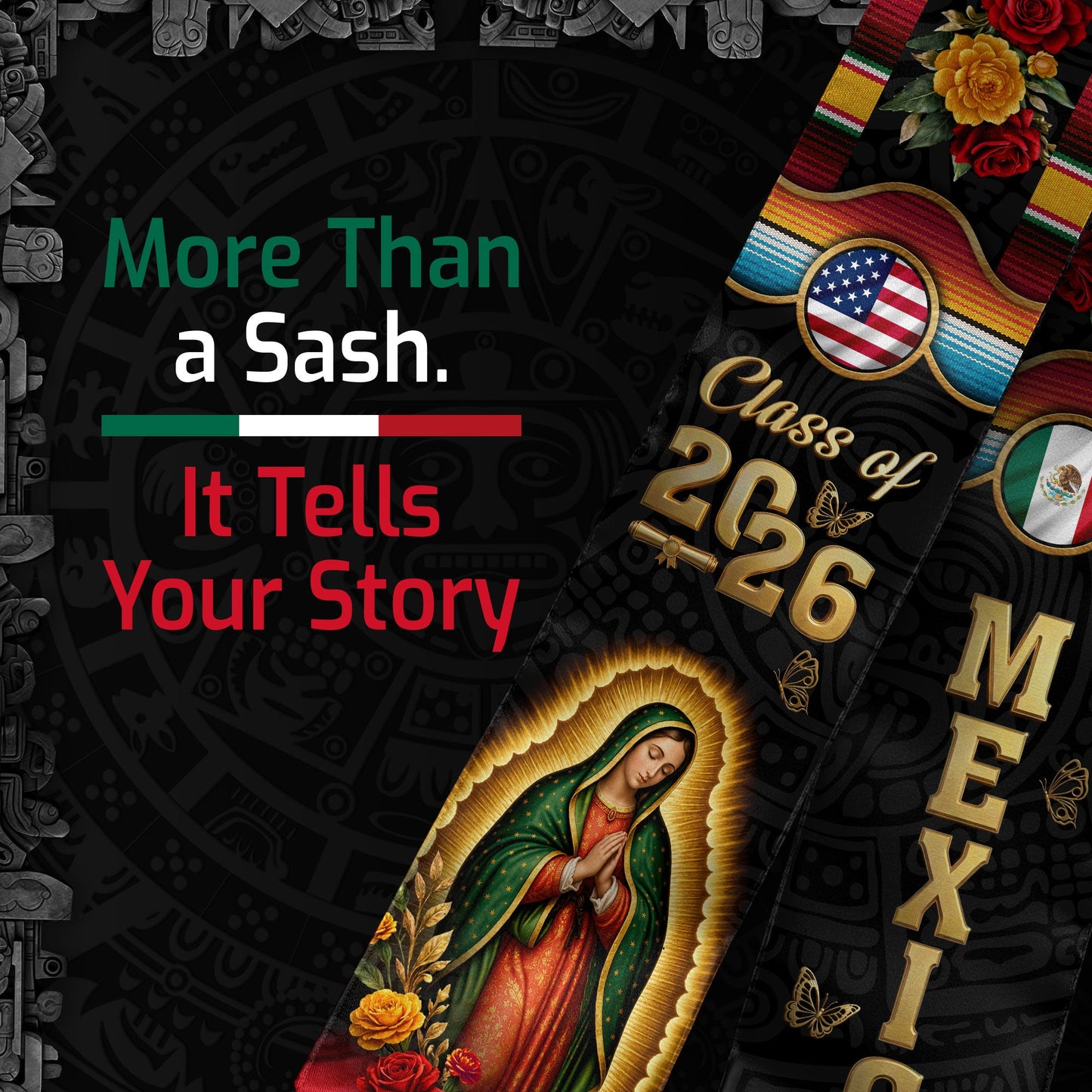 Mexico US Flag Graduation Stole 2026 - Virgin Mary Floral Serape Heritage Sash