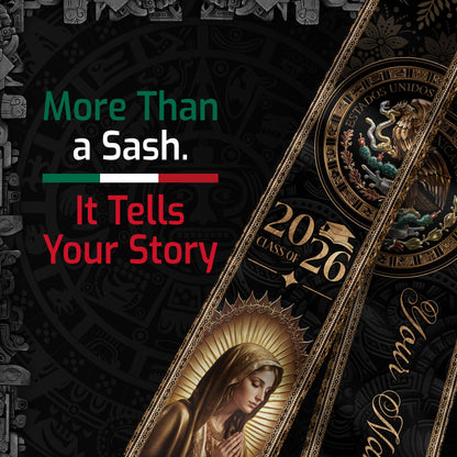Custom Mexican Graduation Stole 2026 Virgin Mary Gold Eagle Heritage Black Luxury Sash