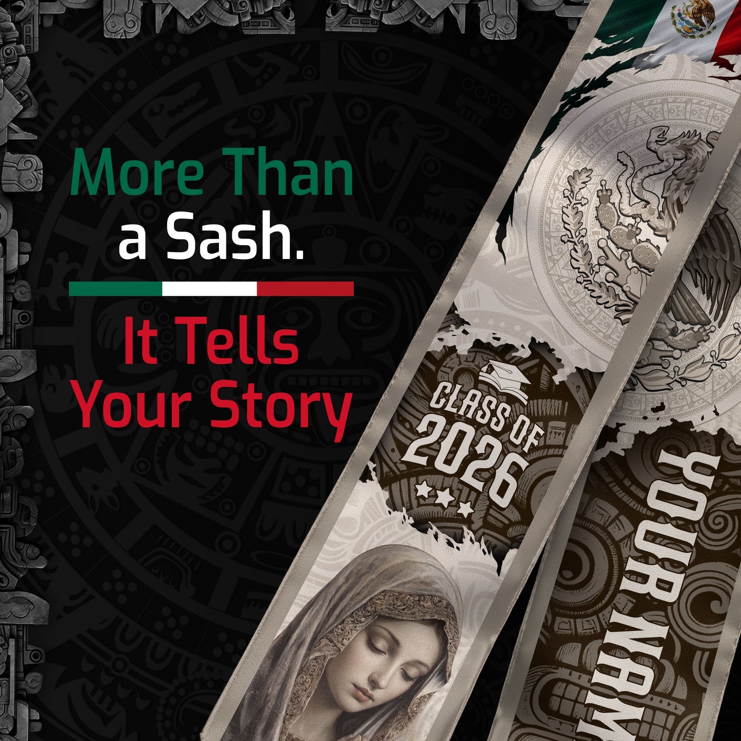 Custom Mexican Graduation Stole Class of 2026 Virgin Mary Guadalupe Heritage Sash Gift