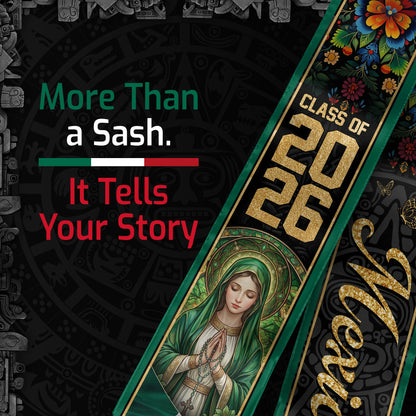 Mexico Graduation Stole 2026 Virgin Mary Floral Green Heritage Sash Gift