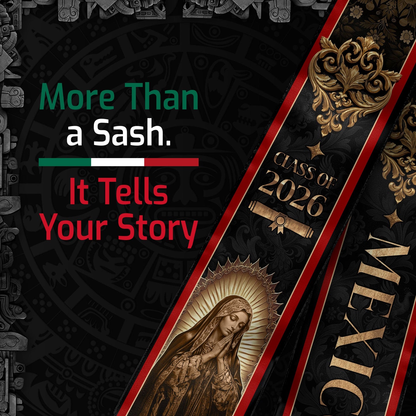 Mexico Graduation Stole 2026 Virgin Mary Gold Eagle Black Luxury Heritage Sash