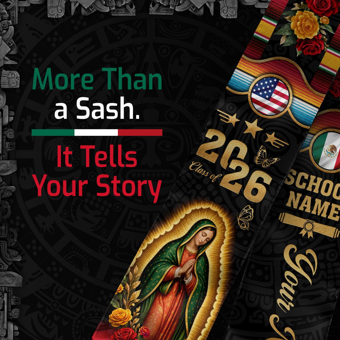 Mexican Graduation Stole 2026 – Virgin Mary, USA & Mexico Flag, Name & School Personalized Sash
