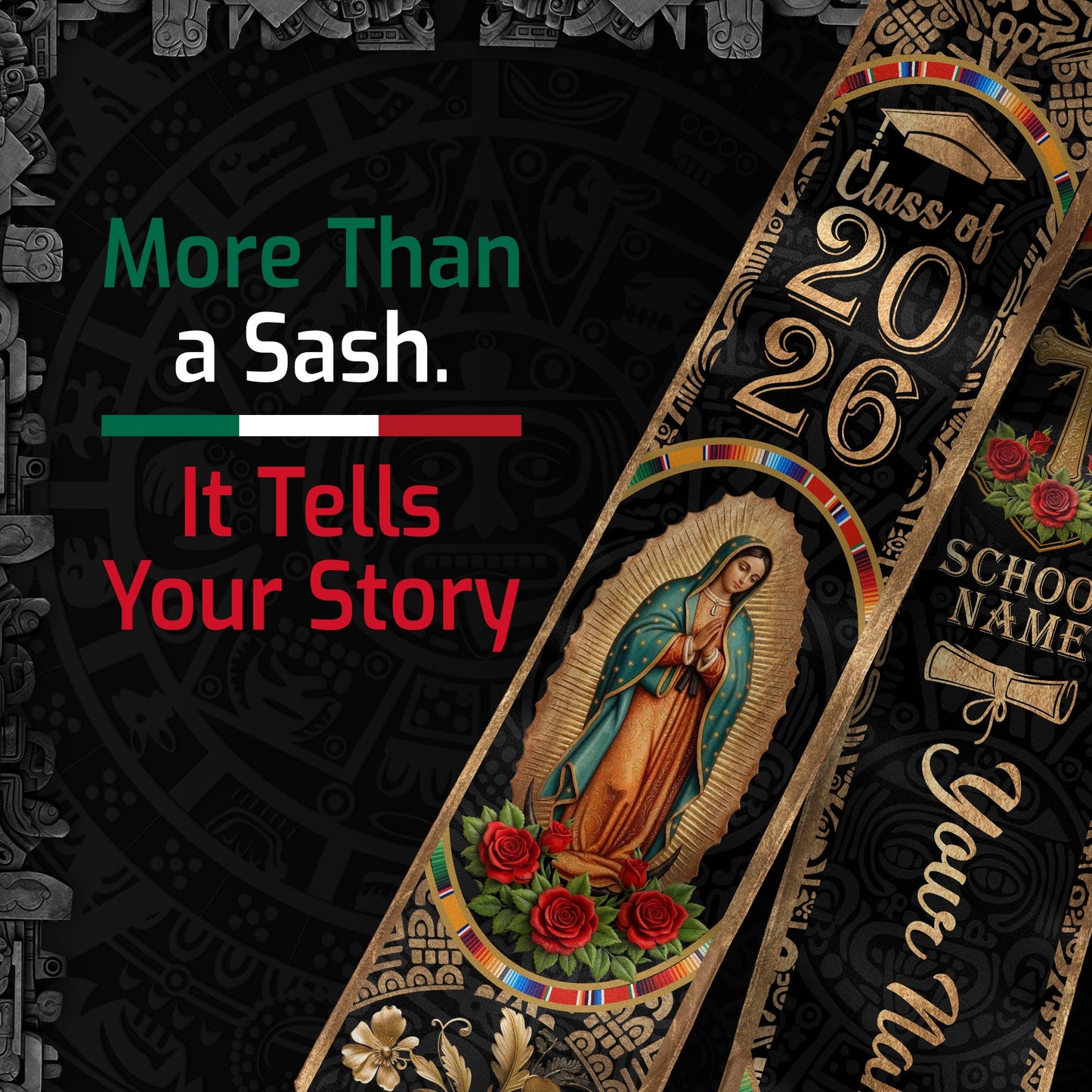 Custom Mexican Graduation Stole 2026 - Our Lady of Guadalupe & Eagle Heritage Sash