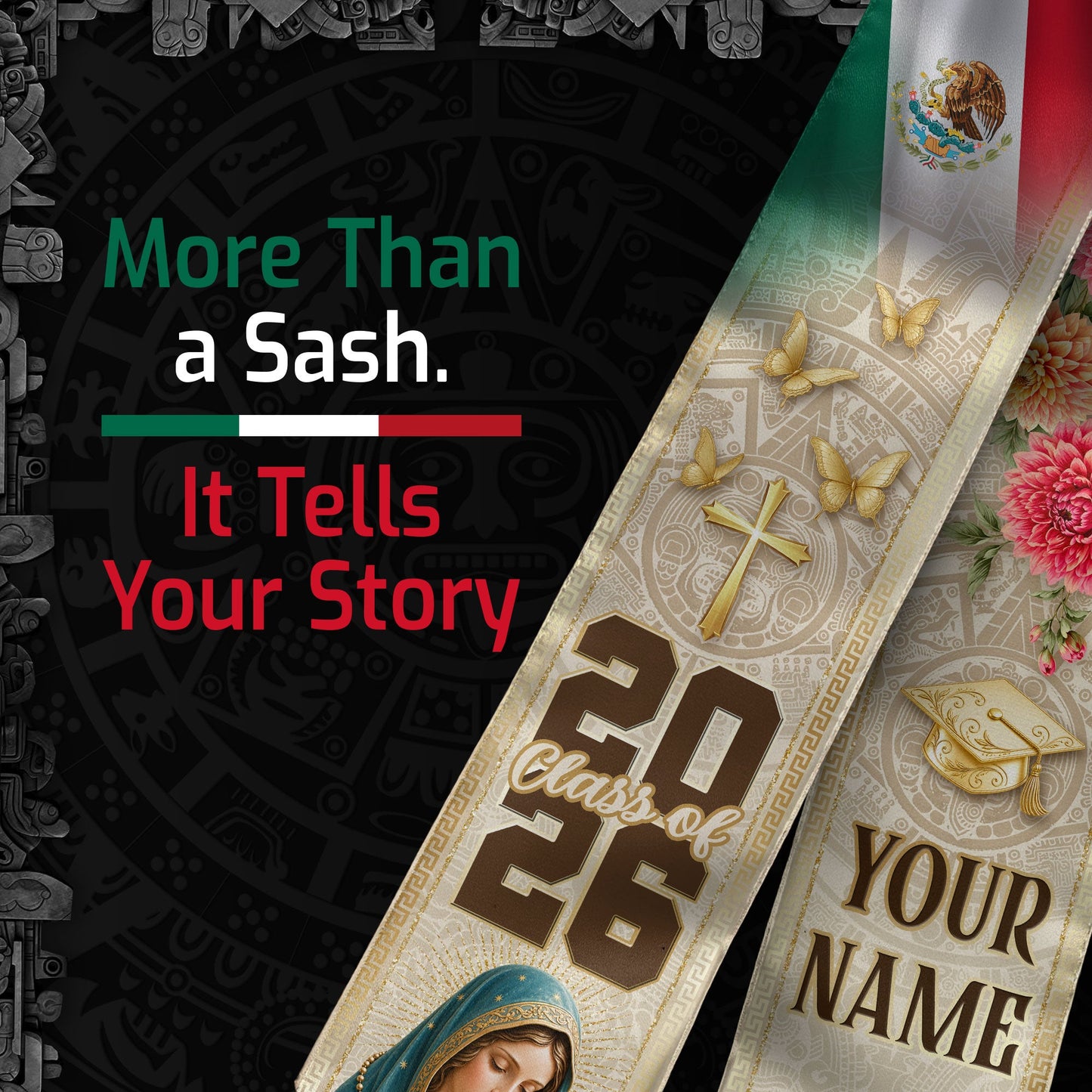 Personalized Mexico Graduation Stole 2026 Virgin Mary Dahlia Floral Mexican Flag Sash