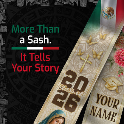Personalized Mexico Graduation Stole 2026 Virgin Mary Dahlia Floral Mexican Flag Sash