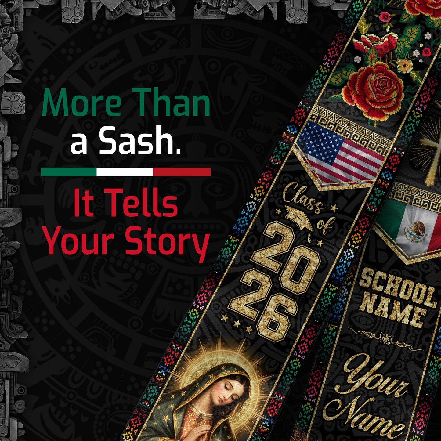 Custom Mexico Graduation Stole 2026 Eagle Snake Virgin Mary Mexican US Flag Serape Sash