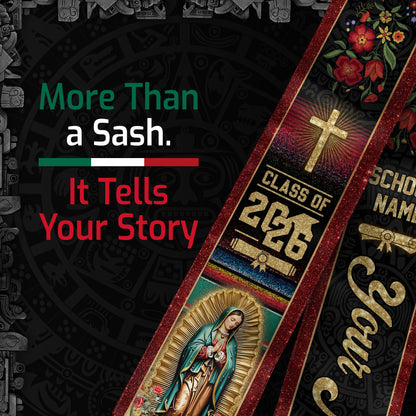 Personalized Mexico US Flag Graduation Sash 2026 - Virgin Mary Floral Stole Gold