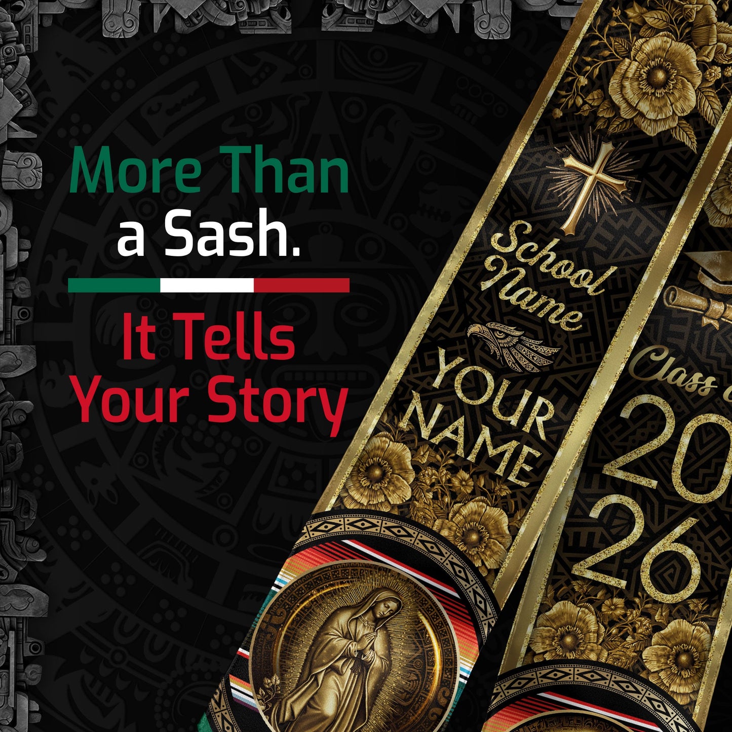 Mexico Graduation Stole 2026 Gold Glitter Virgin Mary Eagle Personalized Heritage Sash