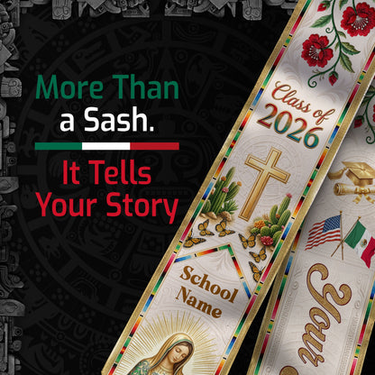 Mexican Heritage Graduation Stole 2026 - Custom Name School Virgin Mary Cross Floral Sash