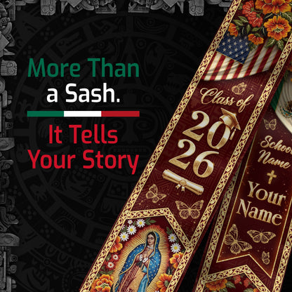 Mexico USA Graduation Stole 2026 Tassels Virgin Mary Burgundy Personalized Heritage Sash