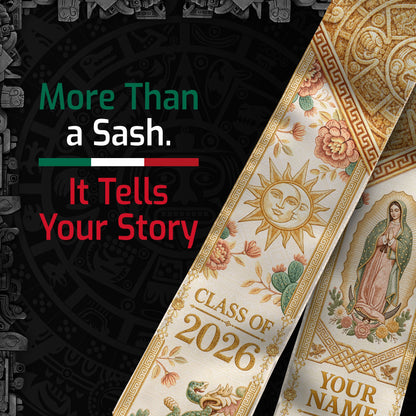 Custom Mexico Graduation Stole 2026 Tassels Virgin Mary Ivory Aztec Gold Sash