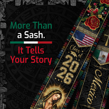 Mexico Graduation Stole Class of 2026 Eagle and Snake Virgin Mary Mexican USA Flag Sash