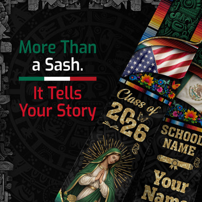 Custom Mexican American Graduation Stole Class of 2026 Our Lady of Guadalupe Mexico Tassel Sash