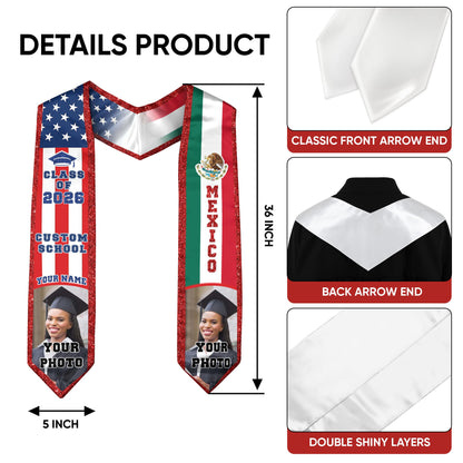 Custom Mexican Graduation Stole 2026 USA Mexico Flag Photo Class Cap School Name