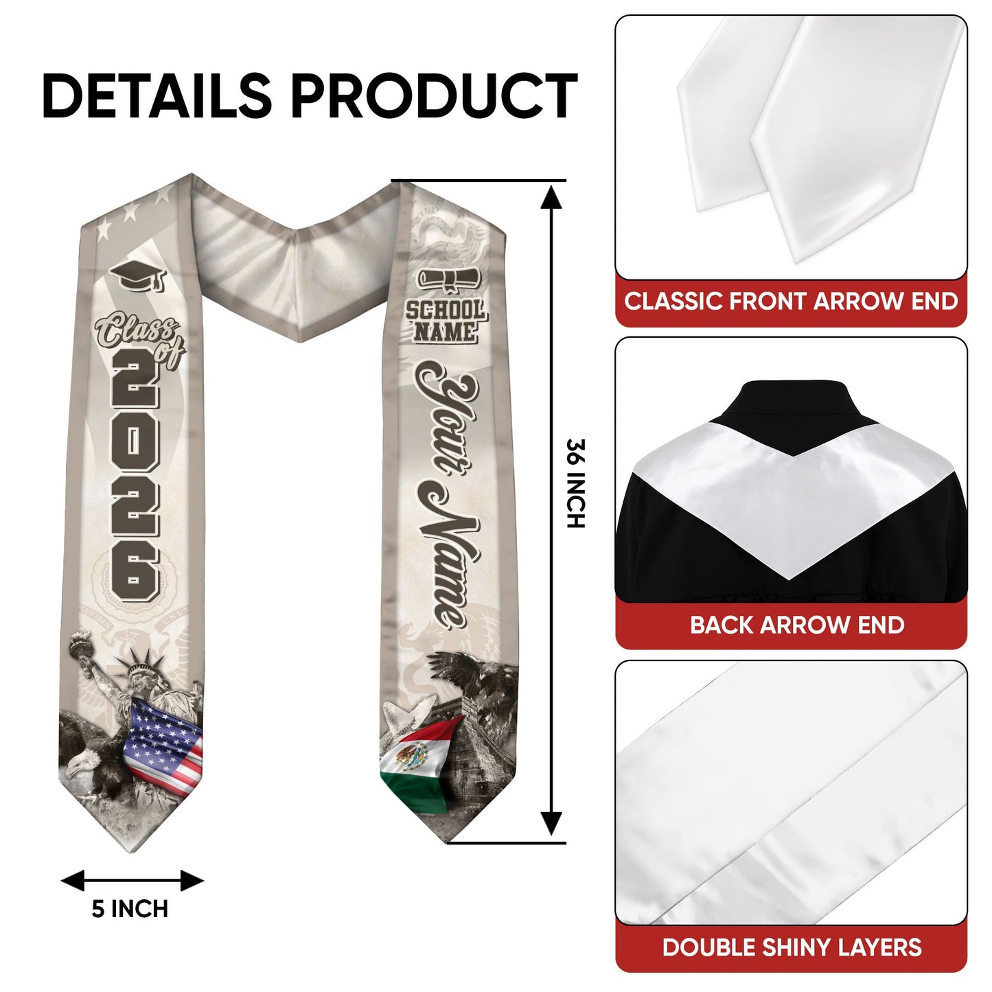 Custom Mexico Graduation Stole, Mexican Sash, Personalized Graduate Class of 2026