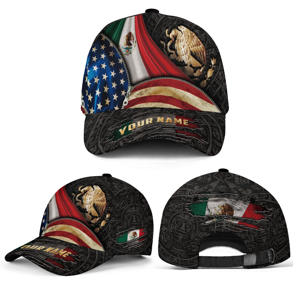 Custom Mexico Aztec Heritage Hat 3-Pack Bundle – Flag Eagle Aztec Map + Flag Eagle Serpent + Mexico USA Flag Eagle Roots Unity