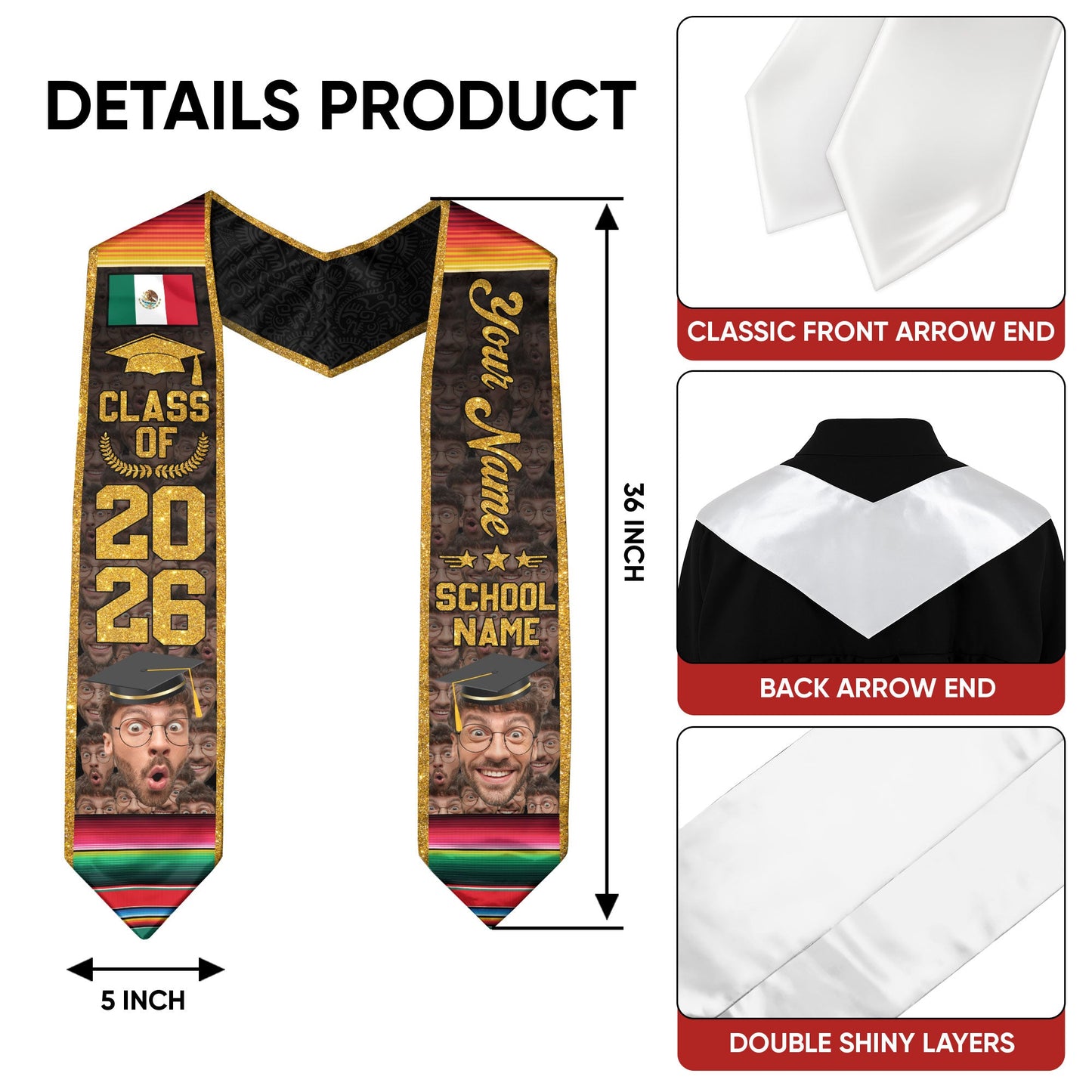 Aztec Mexico Graduation Stole 2026, Custom Photo Mexican Sash for Graduate Achievement