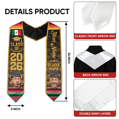 Aztec Mexico Graduation Stole 2026, Custom Photo Mexican Sash for Graduate Achievement