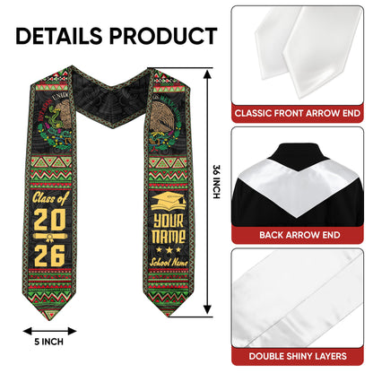 Custom Mexico Graduation Stole 2026 Aztec, Mexican Sash for Graduate Pride