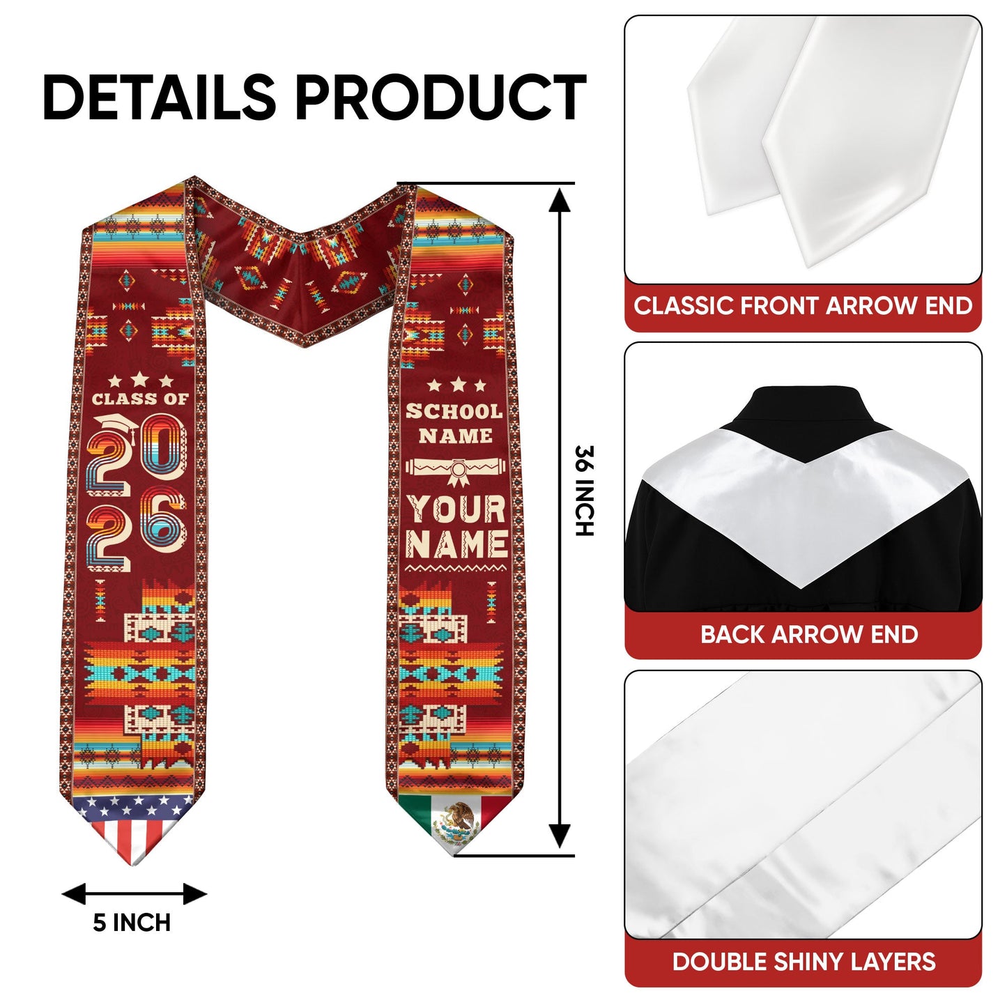 Mexico Aztec Custom Graduate Stole 2026, Mexican Graduation Sash Unique Design