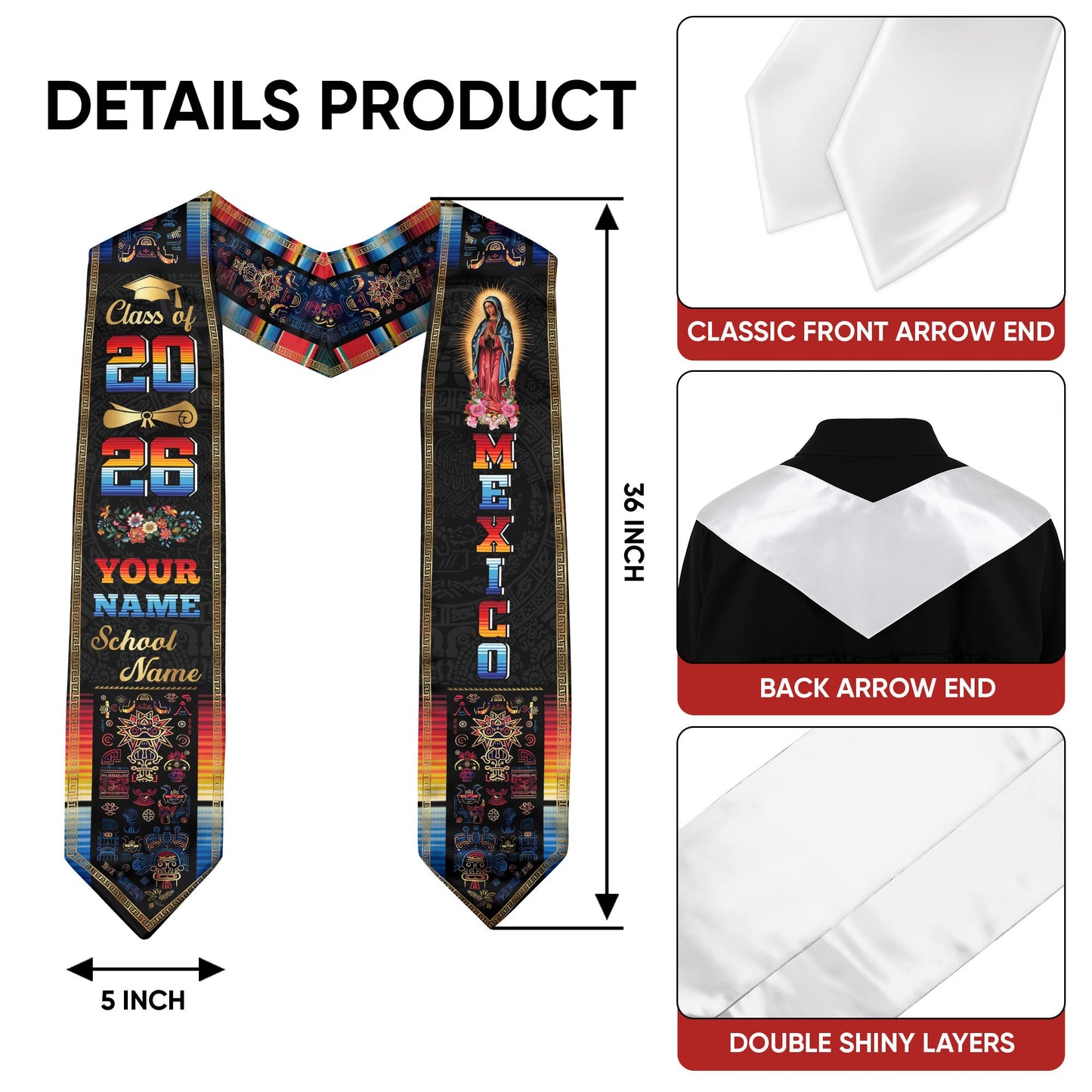 Mexican Aztec Graduation Stole 2026, Custom Mexico Sash for Graduate Celebration