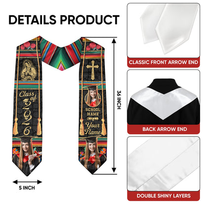 Custom Photo Mexican Graduation Stole 2026 Aztec Virgin Mary & Cross Graduation Sash Mexico