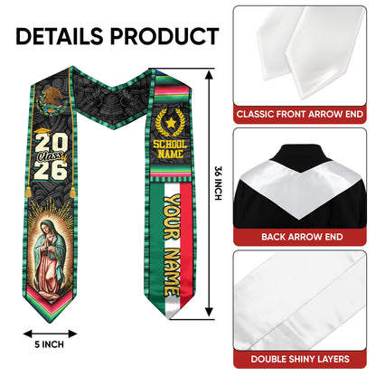 Custom Class of 2026 Virgen de Guadalupe Graduation Stole – Personalized USA Mexico Heritage Senior Sash
